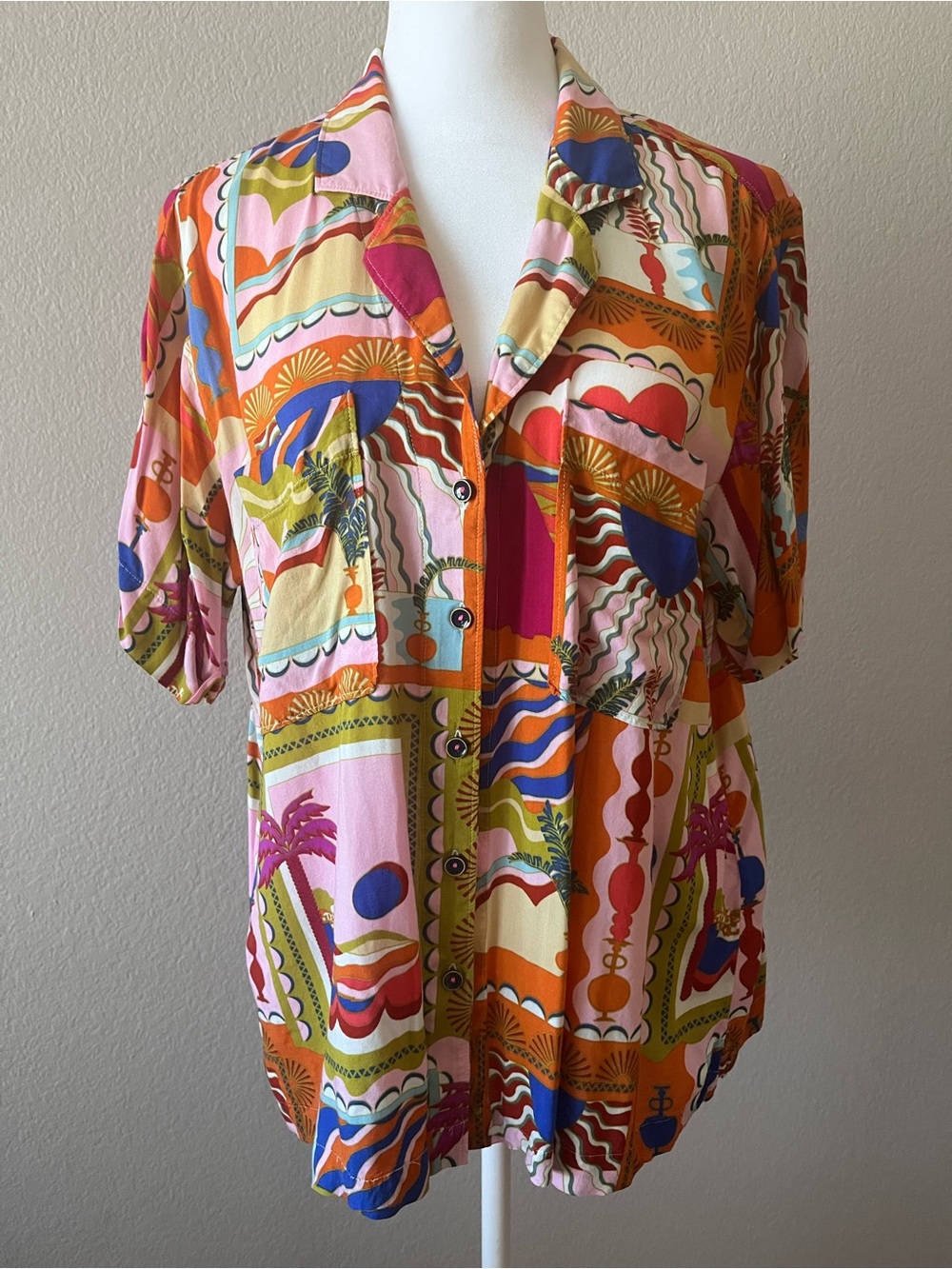 Maeve Multicolor Graphic Print Button-Down Shirt (Pink, Orange, Blue, Green)